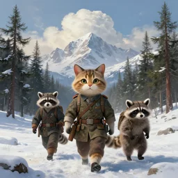 portrait of anthropomorphic cat and raccoon soldiers traveling in tundra between pine trees underneath big mountains with giant clouds, facing the camera, professional digital painting by rembrandt and akira toriyama, volumetric and cinematic lighting, d & d, artstation, extremely detailed 8 k