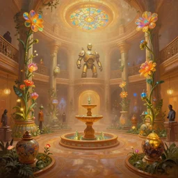 music studio a minimalist bioluminescent oil painting by donato giancola, warm coloured, cinematic scifi luxurious futuristic foggy steam filled victorian garden circular shopping mall courtyard with microscopy stained glass flowers growing out of pretty bulbous ceramic fountains, gigantic pillars and flowers, maschinen krieger, beeple, star trek, star wars, ilm, star citizen, mass effect, artstation, atmospheric perspective