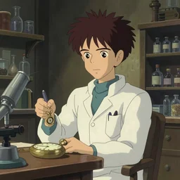 studio ghibli dull colors interior portrait cartoon from close encounters of the third kind 1 9 7 7 of a young skinny grey pocketwatch scientist alone in his laboratory.
