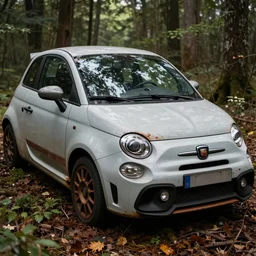 sticky wild board as car in the forest, a wrecked 2 0 1 0 abarth 5 0 0, dusty, some rust