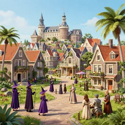 a festive seaside magical village with witches and wizards, knights and scholars, inspired by victorian england and amsterdam, palm trees, highly detailed, intricate, digital painting, trending on artstation, concept art, matte painting, art by greg rutkwowski, craig mullins, octane render, 8 k, unreal engine