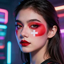 A close-up of a beautiful girl with a surreal makeup reminding the swiss flag, octane render, bokeh, cyberpunk vibes, neons on the background