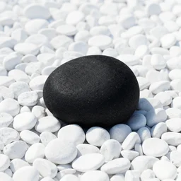 photo of a single black stone in a field of white stones ultra intense super vibrant colors dmt art