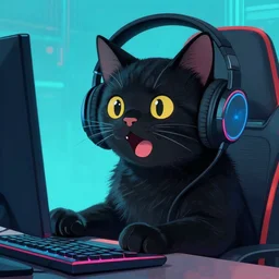 beautiful close - up digital painting, surprised happy gamer black cat playing computer games, headphones, synthewave, cyan