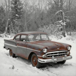 rusty ford bel air in winter forest, grey scale, oil painting by Bob Ross