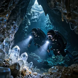 divers with headtorch exploring a mystical crystal cave, realistic, octane render
