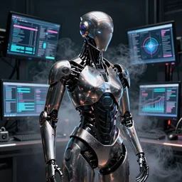 a cyborg, cyberpunk, surrounded by smoke, award-winning art, highly creative, hyperrealistic, highly-detailed, by odibagas, computer screens in the background, trending on Artstation, dark, dramatic, cinematic, realistic studio lighting, realistic reflections, 4k, professional, canon