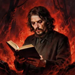 stalin is reading a book in hell, scary art in color, infernal art in 4 k