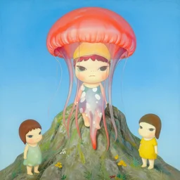 The Portuguese Man o' War Comes Down From The Mountain painting by Chiho Aoshima, Takashi Murakami, Yoshitomo Nara, Huang Yuxing and Aya Takano , Superflat art movement, chibi, soft pastel colors, very ethereal, soft glow, black box by Max Ernst