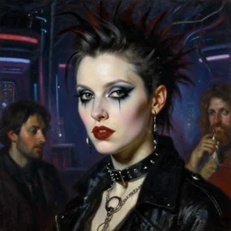 close up portrait of a punk goth eva herzigova in a cyberpunk futuristic night club by ellen von unwerth, oil painting by canaletto hieronymus bosh leonardo da vinci piero della francesca botticelli