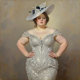 Oil painting of a fat woman posing in a diamond dress and extravagant hat