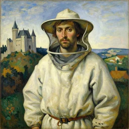 painting by mikalojus konstantinas ciurlionis, bosch. portrait of a man in beekeeping suit. landscape with castle