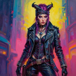 highly detailed oil painting of an apocalyptic scifi witch biker character by michael whelan, vibrant psychedelic colors, futuristic punk rock fashion, studded leather jacket, face tattoos, 8 k