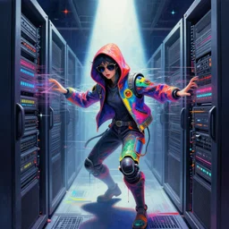 an angelic hacker in vast cyberspace glitching through a vulnerable server, wearing sunglasses, futuristic clothes, vibrant colors, rule of thirds, spotlight, drips of paint, expressive, passionate, by greg rutkowski, by jeremy mann, by francoise nielly, by van gogh, digital painting