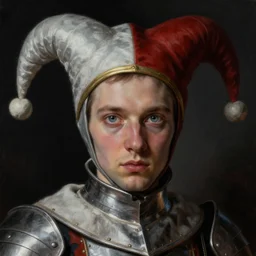 portrait of a jester knight, extreme fine detail background, night, highly detailed, detailed eyes, high quality, digital painting, hyperrealistic, by gaston bussiere, j. c. leyendecker, craig mullins