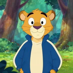 don bluth, loish, artgerm, joshua middleton, anthropomorphic cartoon cheetah, wearing a track suit, smiling, symmetrical eyes, symmetrical face, colorful animation forest background