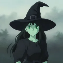 young female witch wearing a black witch hat, light green skin, black hair, bright green eyes, simple black dress, detailed perfect face, exquisite details, mid view, design on a foggy background, by studio muti, greg rutkowski makoto shinkai takashi takeuchi studio ghibli