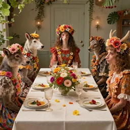 a table dinner of exotic animals where animals are dressed like the characters from the midsommar movie wearing flowers, realistic detailed digital art by maxwell boas jessica rossier christian dimitrov anton fadeev trending on artstation cgsociety rendered in unreal engine 4 k hq
