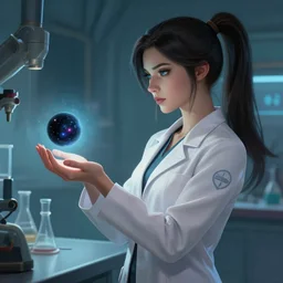 a league of legends concept art of a beautiful young female scientist in a laboratory holding a small black hole in her hand, style by jordan grimmer and greg rutkowski, side view, ponytail, elegant, sharp focus, morandi color scheme, illustration, high quality, highly detailed, digital art, 4 k wallpaper, hyperrealism