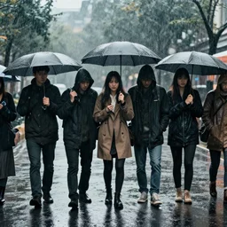 cinestill sample photo of people standing in the rain