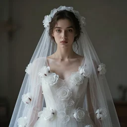 hight focus of a wonderful realistic focused sweet wonderful symmetrical mid portrait of a lonely woman with a detailed wonderful, majestic, large semi transparent white cotton dress ornate with semi transparent cotton roses and semi transparent white veils, dramatic light, octane render, by roberto ferri style, - 8 k