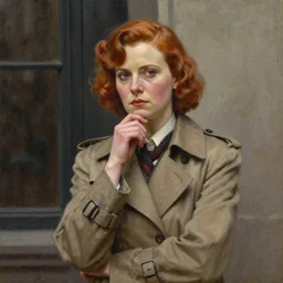 portrait of Jennifer Johanson as a 1930 New York detective, ginger hair, trench coat, pondering, realistic oil painting by Thomas Cole and Wayne Barlowe