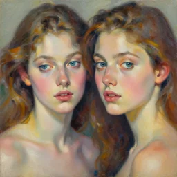 A vibrant oil painting close up of two beautiful females by Françoise NIELLY, trending on Artstation:3