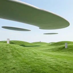 perfectly mowed green empty hills with scattered doors opening to massive sky portals