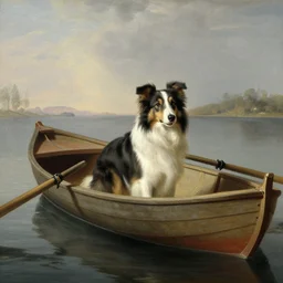 collie dog in a rowboat, by rembrandt