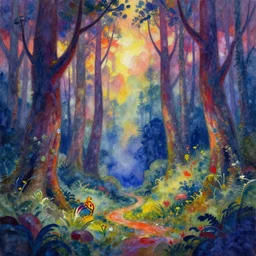 a fantasy forest painting, in the style of van vogh, psychedelic, matte, watercolor