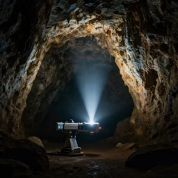 teleportation machine in a dark cave, light shining from the machine and illuminating the rock formations by marek okon