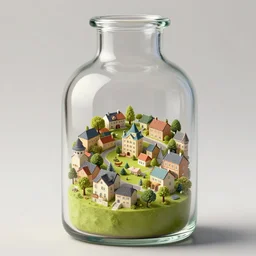 a glass bottle with an isometric village inside