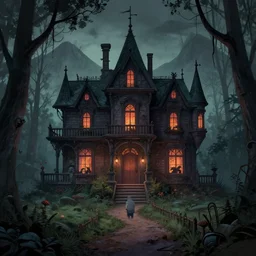 digital art of a spooky mansion in the woods with mountains in the back, a trail leads to the doors. amy weber, andi rusu, Dan Frazier