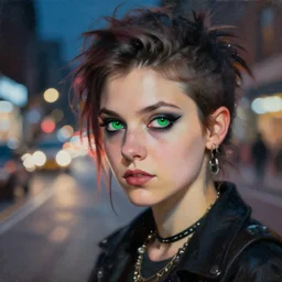 detailed portrait of a punk girl with green eyes in the city street at night, bokeh, long exposure, painting by jeremy lipking christopher doyle