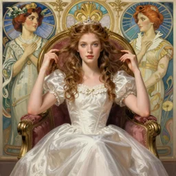princess sitting in a throne, hands in her hair. highly detailed, digital painting, artstation, concept art, smooth, sharp focus, illustration, art by artgerm and alphonse mucha, high definition digital art, in the style of Ross tran and ilya kuvshinov