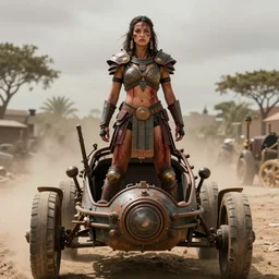 movie frame with female warrior standing on steam punk buggy with wood wheels, hyperrealism, armor inspired by incas and doom and fashion, symmetrical face, epic, award winning, establishing shot, fit body, blooded, extremely high detail, photorealistic, brutal, provocative, octane render, editorial, documentary photography