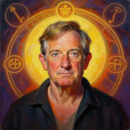 portrait of a robin williams by mandy jurgens, cartoon, oil painting, visionary art, symmetric, magick symbols, holy halo, dramatic ambient lighting, high detail, vibrant colors,