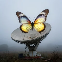 in the misty morning, cloudy day, a giant, glowing butterfly perched on the abandonded satellite dish, by craig mullins