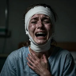 a portrait of a female mental asylum hospital patient ripped with pain and anguish and terror, crying, torn, extreme sadness, hopeless, bandaged head and face, very dark, depressing, grim, moody, atmospheric lighting, cinematic lighting, expressive by dave mckean