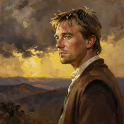 we see ewan mcgregor from side. atmospheric feeling, warm colours, brown colours, yellow colours, epic scene, cinematic, very detailed, oil painting