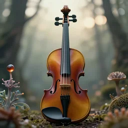 a magical violin, macro shot, bokeh, 8 k, matte painting, early morning light, cinematic light, in the style of mark ryden and mc escher and ernst haeckel,