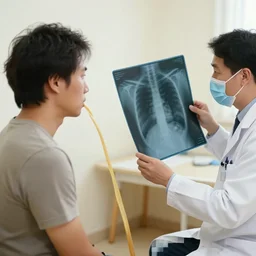 a doctor examinating a x - ray of a patient that swallowed a painting