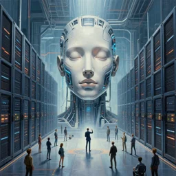 professional painting of monumental conscious supercomputer with huge - cybernetic - face!!!! in the center of endless colossal server room talking with small people, trending on artstation, cyberpunk, sci - fi, futuristic, by greg rutkowski and maciej kuciara, high quality, perspective depth