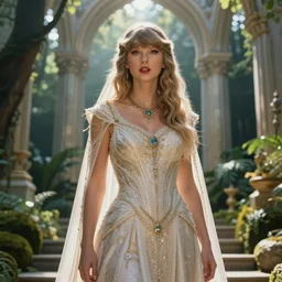 Beautiful art portrait of taylor swift as a fantasy priestess in a bright temple surrounded by lush forest, atmospheric lighting, intricate detail, cgsociety, hyperrealistic, octane render, RPG portrait, ambient light, dynamic lighting