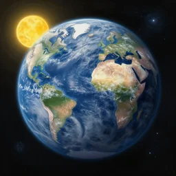 a detailed painting of a marble - like water planet with continents orbiting a yellow sun, by petros afshar, marc simonetti, trending on artstation, deviantart, planet, clouds, earth, exoplanet, stars, nubulae hubble, 8 k, 4 k