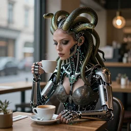 real life terminator gorgon medusa with borg implants and robotic snakes coming out of her head sitting at a cafe having a cup of coffee. Tiny green led lights in her cybernetics. very detailed 8k. Art by zdzislaw beksinski