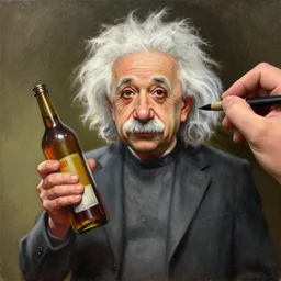 a painting of einstein holding a bottle, an airbrush painting by slawomir maniak, cgsociety, fantasy art, 2 d game art, deviantart hd, behance hd