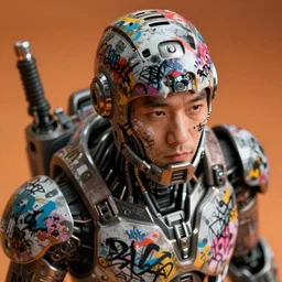 hyperrealistic close-up exoskeleton!! chinese man covered in graffiti highly detailed concept art eric zener elson peter cinematic hard orange lighting high angle hd 8k sharp shallow depth of field
