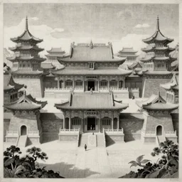 surreal allegorical renaissance engraving of a chinese temple complex