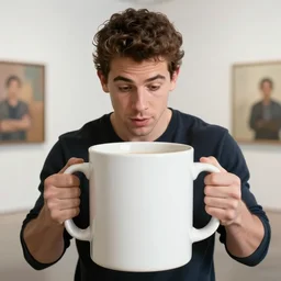 portrait of a ( ( ( white oversized ceramic mug of coffee ) ) ), dotado handsome nick jonas looking into the mug, 3 d photorealistic, parts by beksinski, parts by goro fujita, parts by yue minjun, by filip hodas